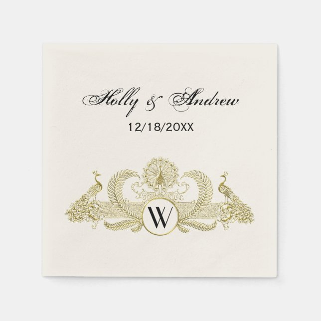 Vintage Peacocks Monogram Falskt Guld Elfenben BG Pappersservett (Framsidan)