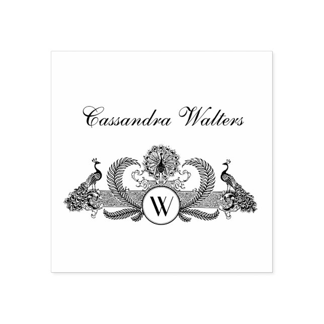 Vintage Peacocks Monogram Namn Initialer Stämpel (Tryck)