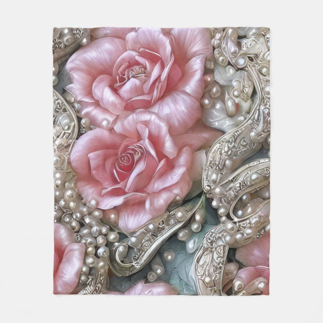 Vintage Pearls och Rosa ros Mönster Fleecefilt (Framsidan)