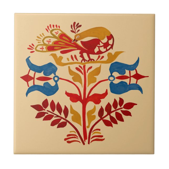 Vintage Pennsylvansk folkart Bird on Flower Kakelplatta (Framsidan)