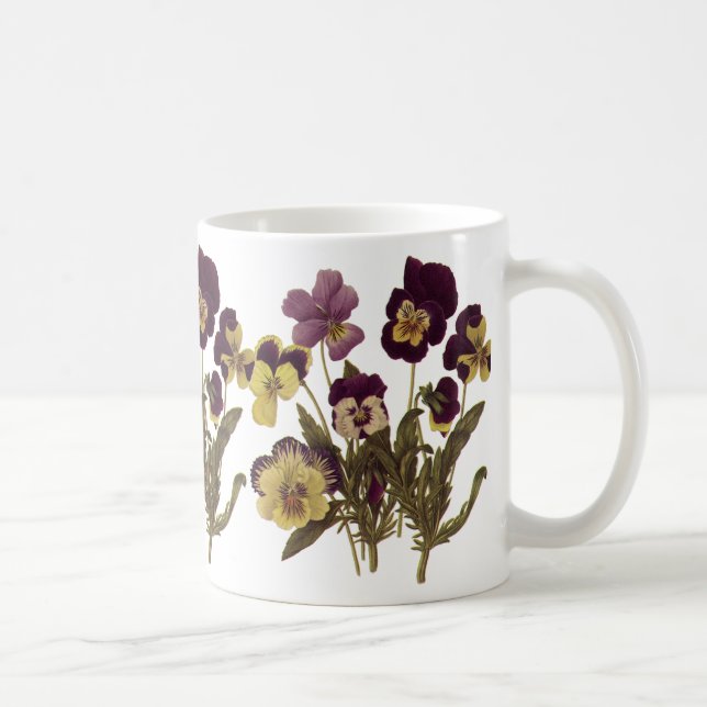 Vintage penséer i blom, blomsterträdgårdsblommor kaffemugg (Höger)