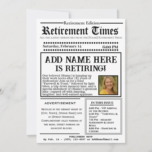 Vintage “Pensionstidningen” Tidningsinbjudan Inbjudningar (Framsida)