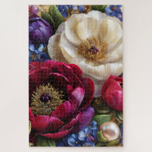 Vintage Peony Blommor Botaniskt Pussel