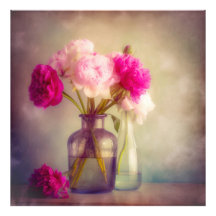 Vintage Peony Bouquet i Glass Vas