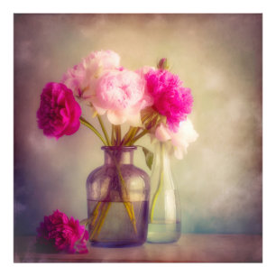 Vintage Peony Bouquet i Glass Vas Fototryck