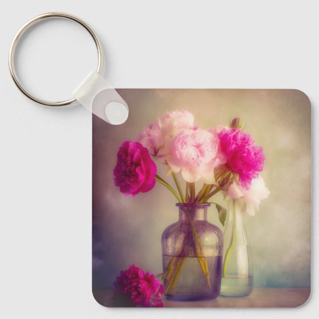 Vintage Peony Bouquet i Glass Vas Nyckelring (Framsida)