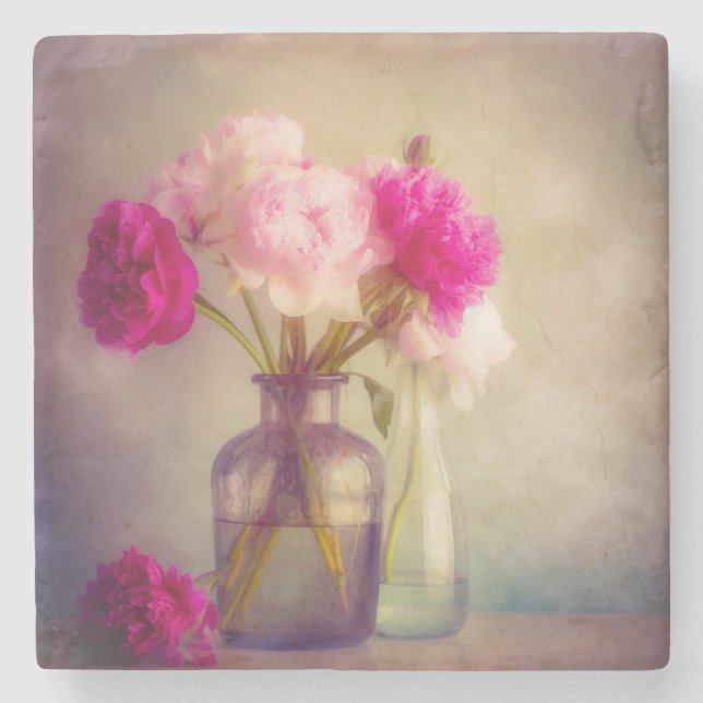 Vintage Peony Bouquet i Glass Vas Stenunderlägg (Framsidan)