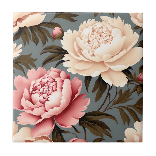Vintage Peony Elegant Mönster Kakelplatta (Framsidan)