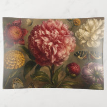 Vintage Peony och Fjäril Botanisk Oljemålning