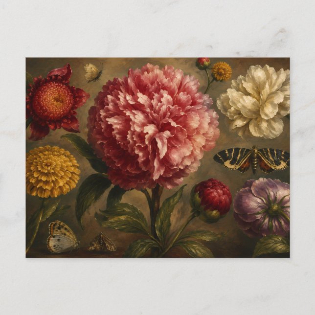 Vintage Peony och Fjäril Botanisk Oljemålning Vykort (Framsida)