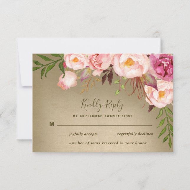 Vintage Peony Rustika Bröllops-RSVP-kort OSA Kort (Framsida)