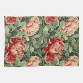 Vintage Peony Tea Towel in Coral,  & Sage Kökshandduk