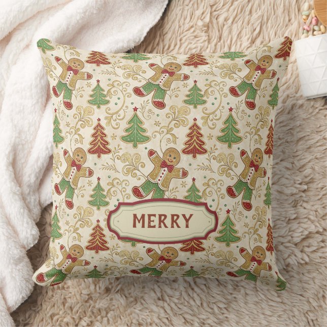 VINTAGE PEPPARKAKSGUBBE & JULGRANAR ANPASSNINGSBAR KUDDE (Filt)