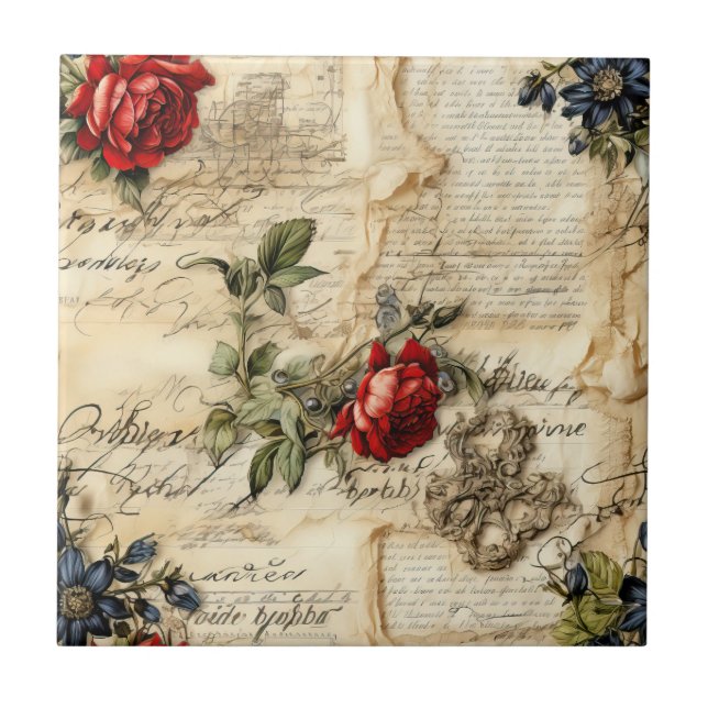 Vintage Pergament Kärleksbrev med Blommor Kakelplatta (Framsidan)