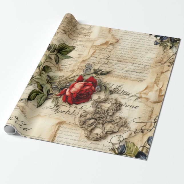 Vintage Pergament Kärleksbrev med Blommor Presentpapper (Utrullad)