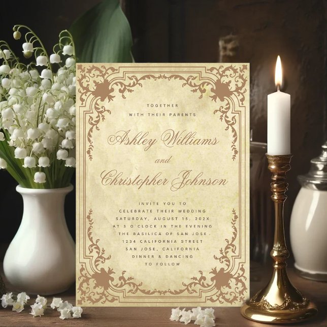 Vintage Pergament Ornament Ram Elegant Bröllop Inbjudningar (Antique Wedding Invitation with Vintage Background)