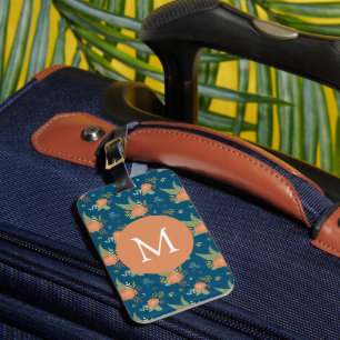 Vintage Persika Blommönster Mörkblå Monogram Bagagebricka