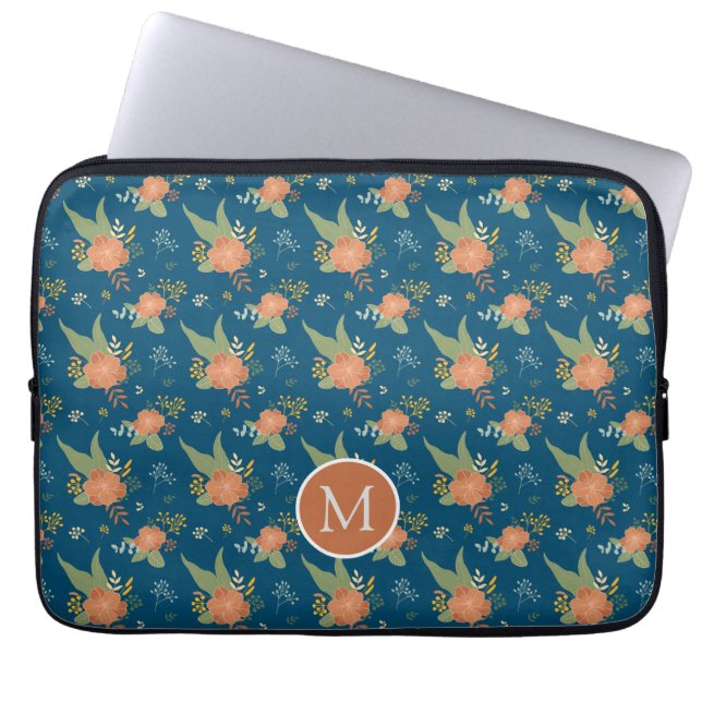 Vintage Persika Blommönster Mörkblå Monogram Laptop Fodral (Framsidan)