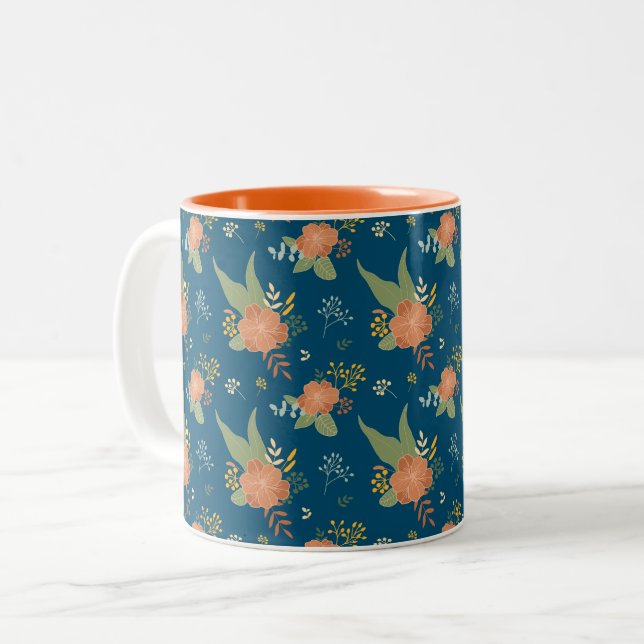 Vintage Persika Blommönster Mörkblå Två-Tonad Mugg (Framsida vänster)