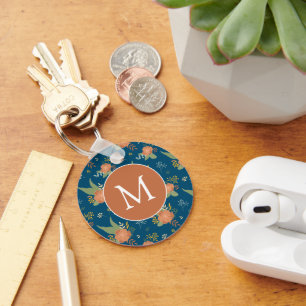Vintage Persika Blommönster Mörkblått Monogram Nyckelring