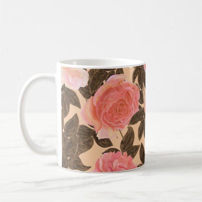 Vintage Persika ro vattenfärgen mönster. Kaffemugg (Vänster)