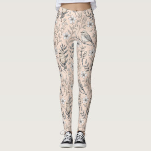 Vintage Persikfågel Blomster Mönster Leggings