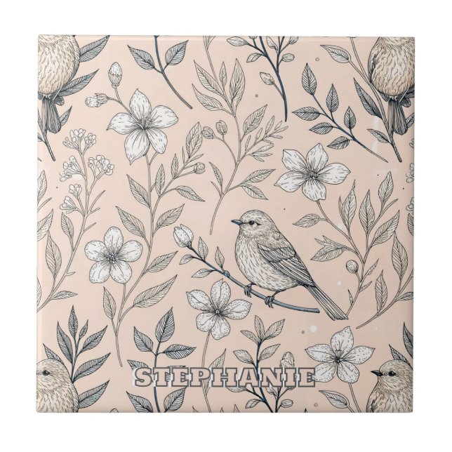 Vintage Persikfågel Vildblommotiv Kakelplatta (Framsidan)