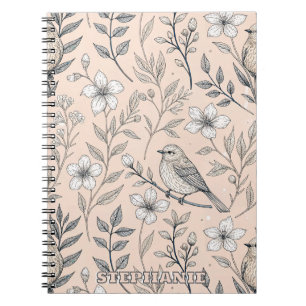 Vintage Persikofågel Vildblommotiv Anteckningsbok