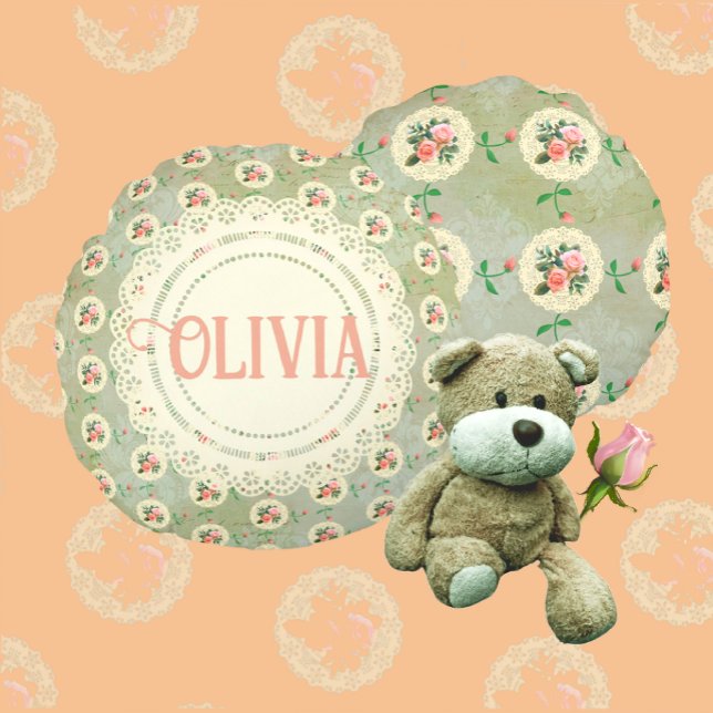 Vintage Personlig Ro Doily Grönt Damask Rund Kudde (Showing front and back of this darling round pillow!)