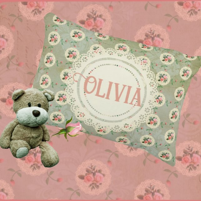 Vintage Personlig Rosduk Grön Damaskus  Prydnadskudde (The perfect accent (pillow that is) for your little angel.)