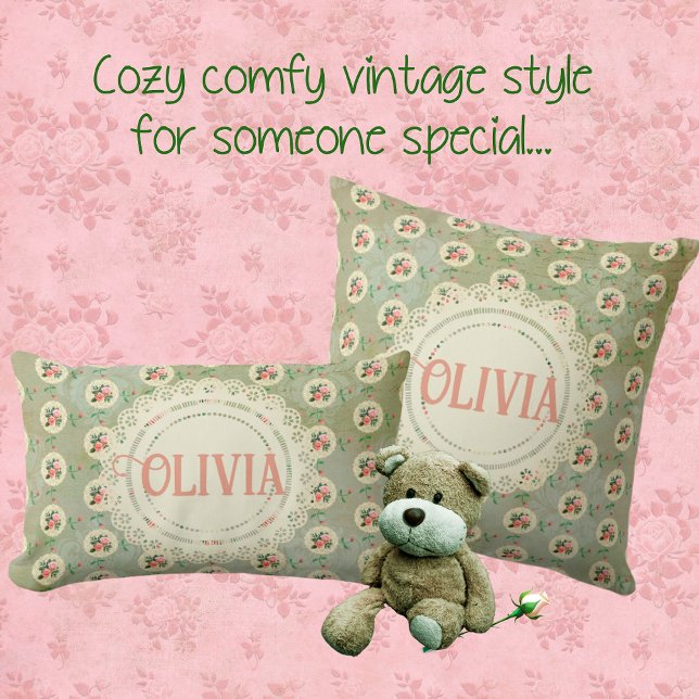 Vintage Personlig Rosduk Grön Damast  Kudde (Makes a lovely baby gift! Sorry, antique Teddy bear isn't included.)