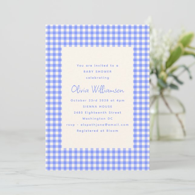 Vintage Perwinkle Gingham Play Cute Baby Shower Inbjudningar (Stående Fram)