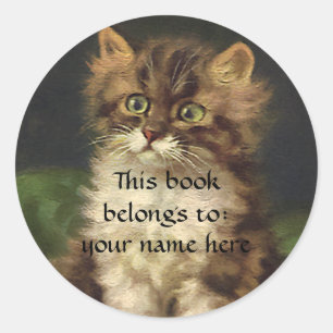 Vintage Pet Animals, Tabby katt Kitten Bookplate Runt Klistermärke