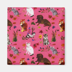 Vintage Pet Cat Hundar Blommigt Garden Party Magnet