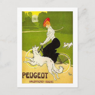 Vintage Peugeot Woman Riding Cycle med Hund Runnin Vykort
