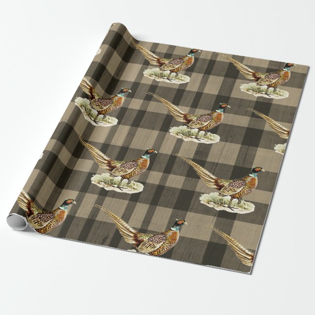 Vintage Pheasant Bird on Beige Brown Plaid Presentpapper (Utrullad)