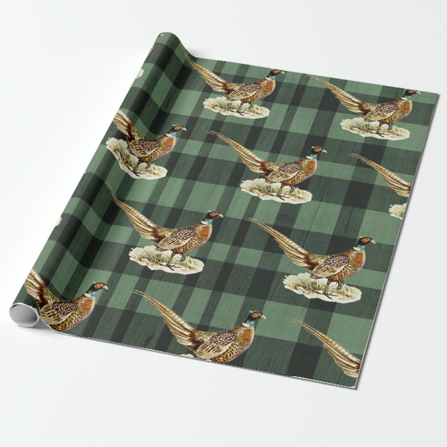 Vintage Pheasant Bird on Green Plaid Presentpapper (Utrullad)