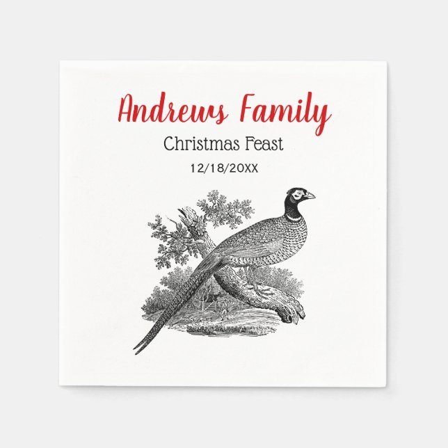 Vintage Pheasant Game Bird Teckning BW Jul Pappersservett (Framsidan)