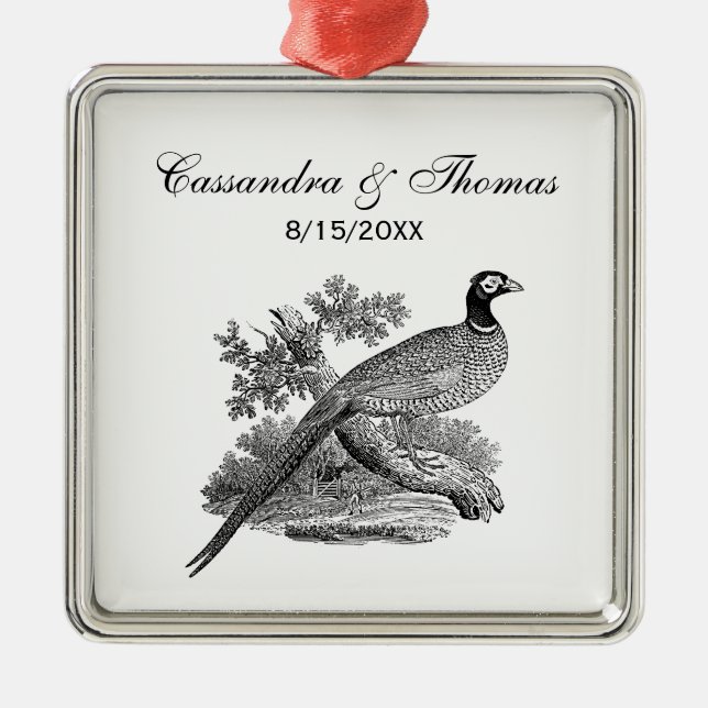 Vintage Pheasant Game Bird Teckning BW Julgransprydnad Metall (Framsidan)
