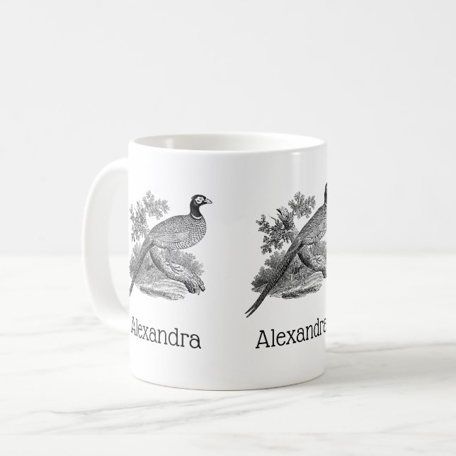 Vintage Pheasant Game Bird Teckning BW Kaffemugg (Framsida vänster)
