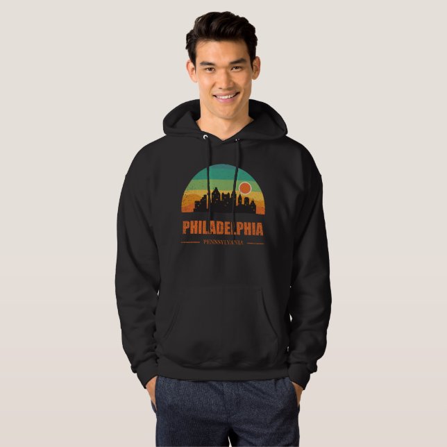 Vintage Philadelphia City Skyline Retro Sunset Hoodie (Hel framsida)