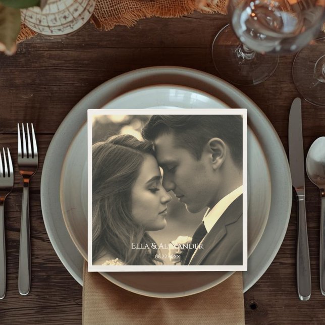 Vintage Photo Pappersservett (Vintage Style Sepia Photo Overlay Names Date Napkins)