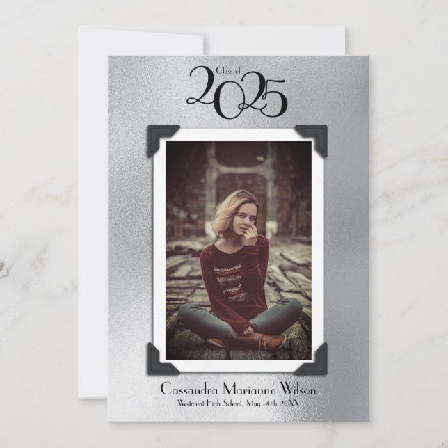 Vintage Photo Studenten annons Silver Inbjudningar (Framsida)