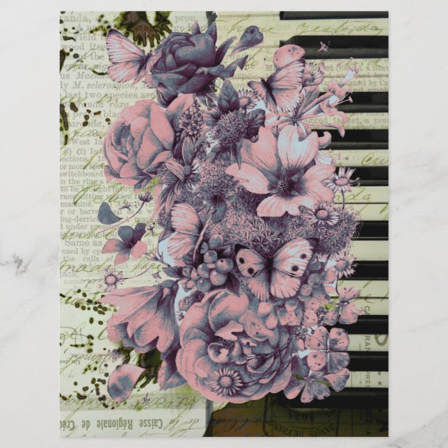 Vintage piano och blommor på gamla pappra (Framsida)