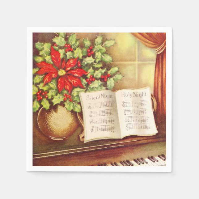 Vintage Piano, Silent Night Pointsettia jul Pappersservett (Framsidan)