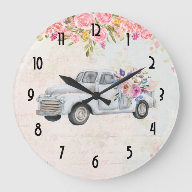 Vintage Pickupa Lastbil Rustiska vattenfärgen Stor Klocka (Framsida)