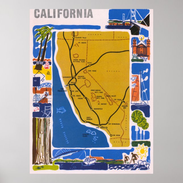Vintage Pictorial California Map Poster 1950 (Framsidan)