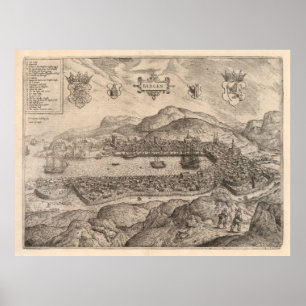 Vintage Pictorial Karta i Bergen Norge (1588) Poster