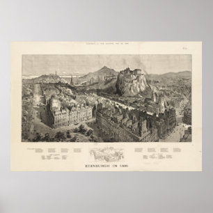 Vintage Pictorial Karta i Edinburgh Scotland (1886 Poster
