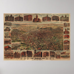 Vintage Pictorial Karta i Los Angeles (1891) Poster